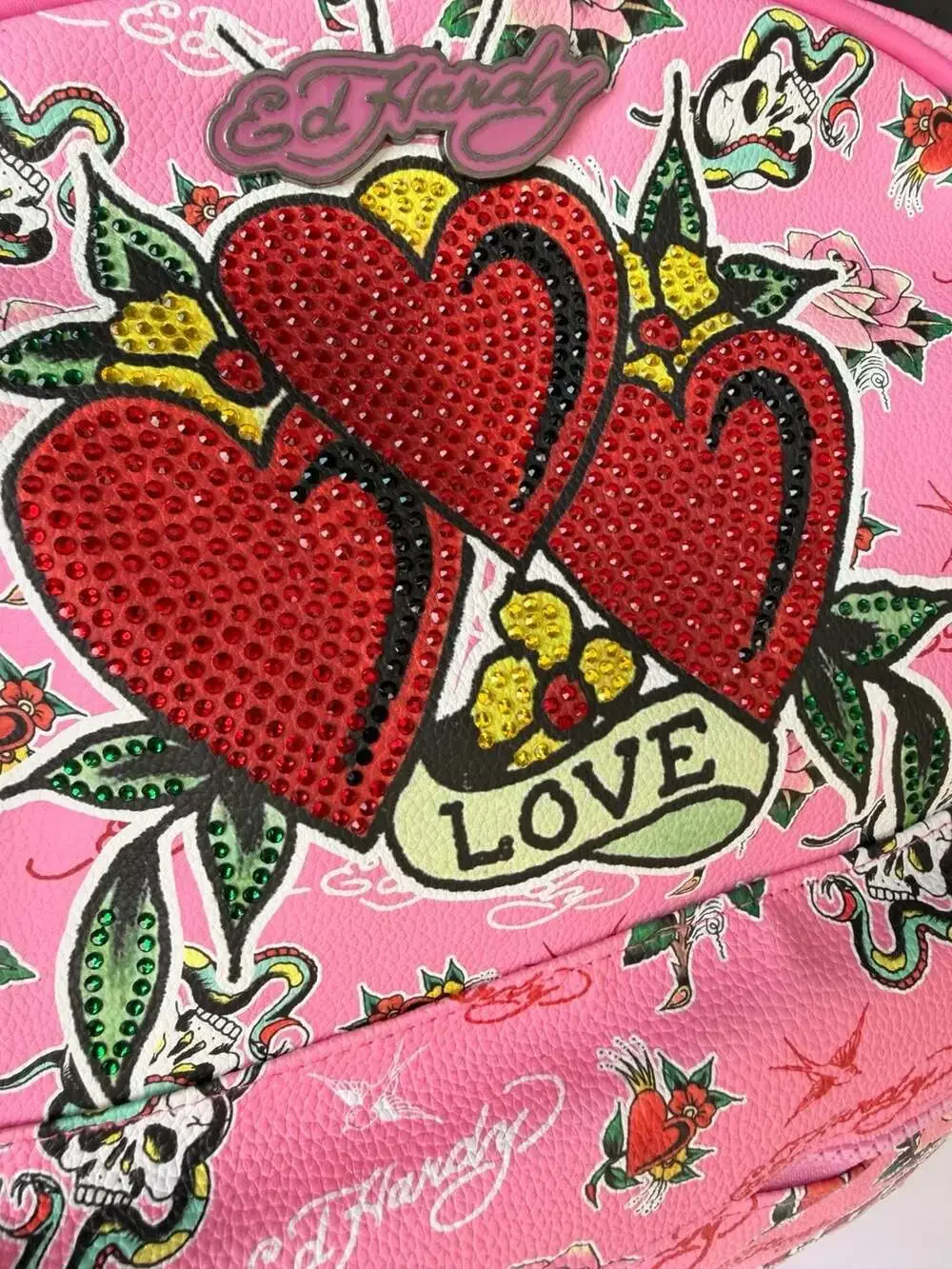 Ed Hardy Pink Tattoo Print Vegan Leather Backpack